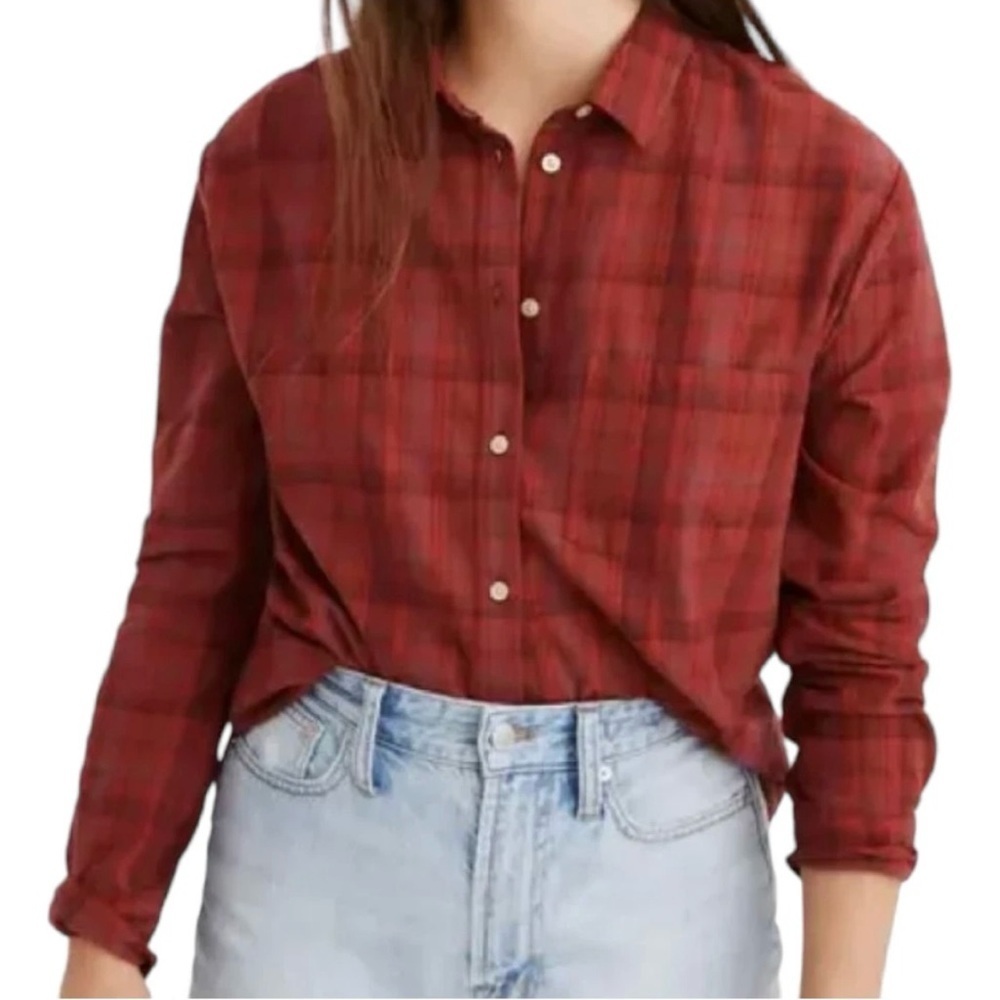 Madewell Oversized Ex-Boyfriend Button Down Red Shirt Chenille Yarn Plaid XS